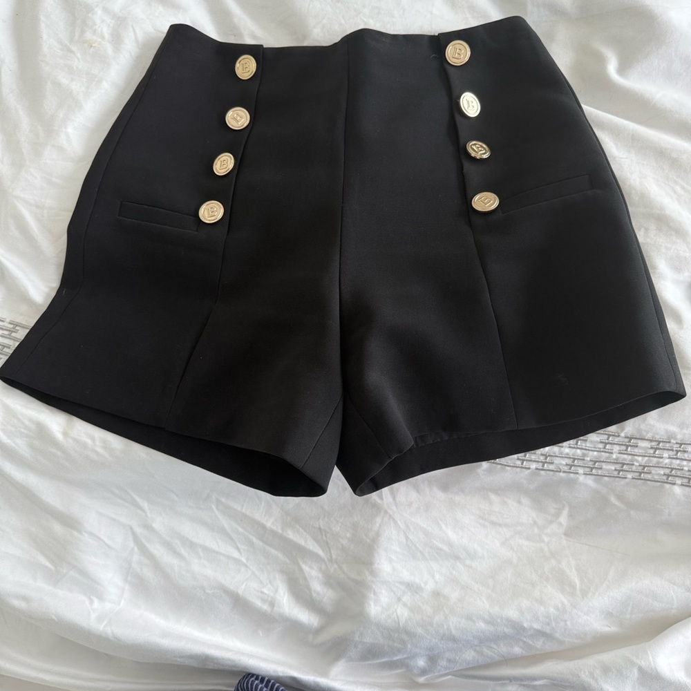 Balmain Black High Waist Shorts with Gold Buttons